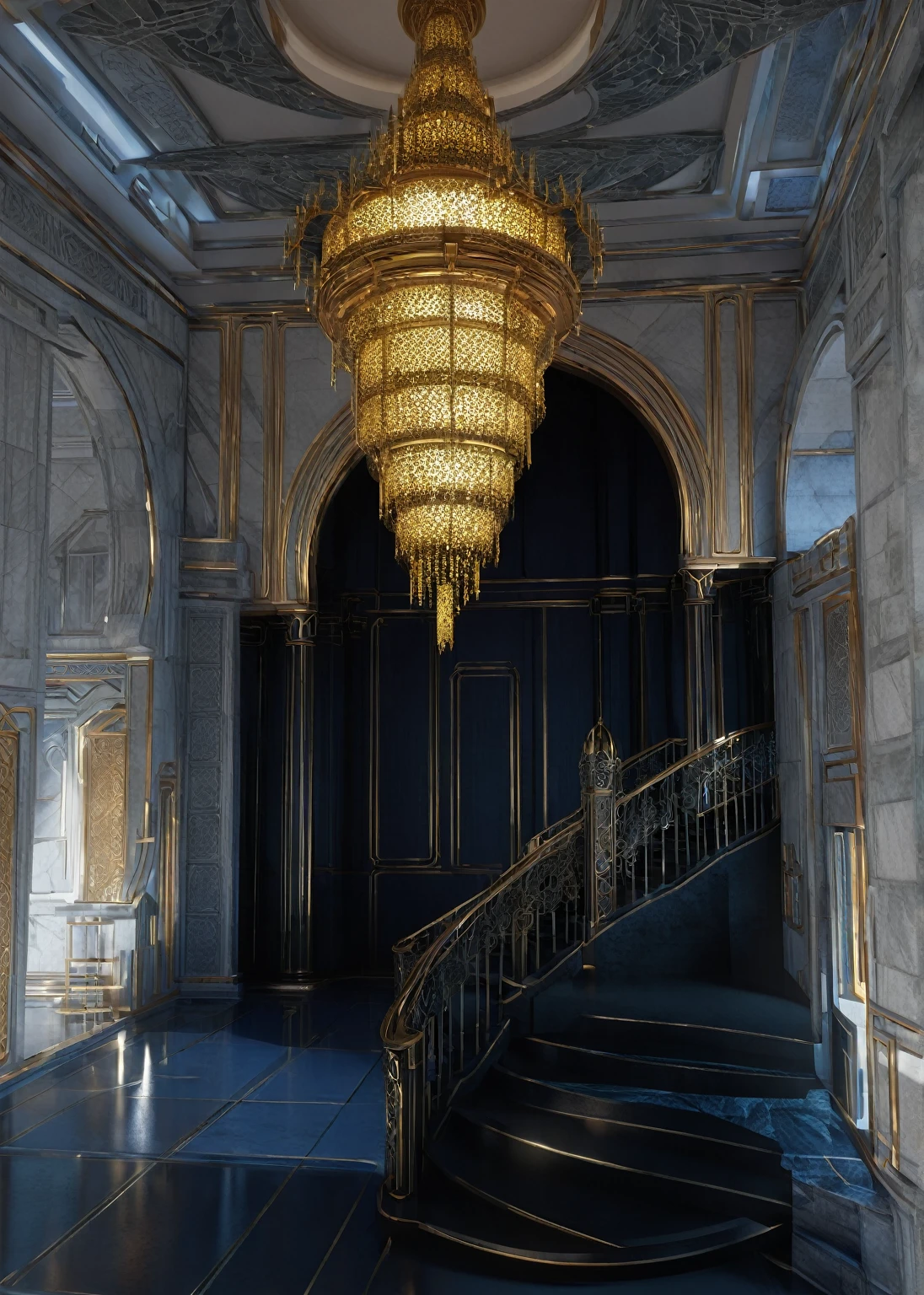 there is a large room with a staircase and a circular staircase, futuristic persian palace, cgsociety unreal engine, exquisitely designed throne room, unreal engine render, unreal engine 5 : :, futuristic palace, rendered in lumion, unreal engine hd render, unreal engine render saint seiya, rendered in lumion pro, unreal engine 5 render, unreal engine 5 »