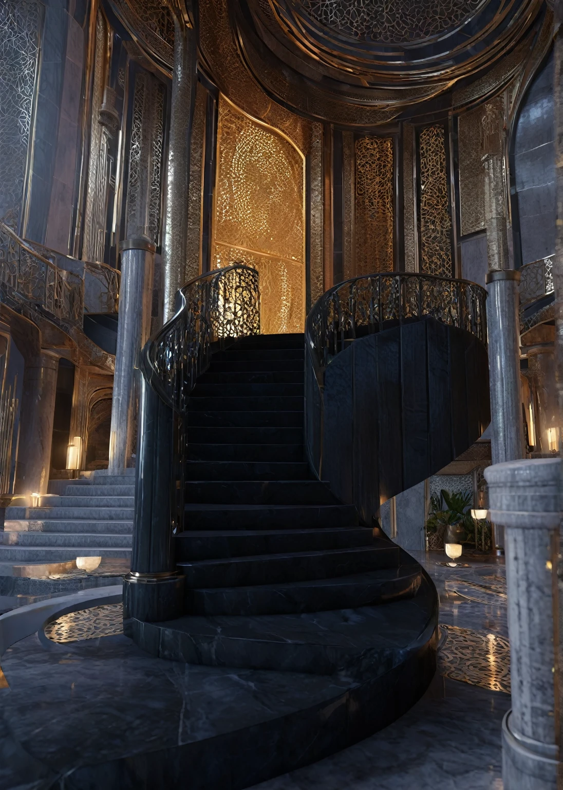 there is a large room with a staircase and a circular staircase, futuristic persian palace, cgsociety unreal engine, exquisitely designed throne room, unreal engine render, unreal engine 5 : :, futuristic palace, rendered in lumion, unreal engine hd render, unreal engine render saint seiya, rendered in lumion pro, unreal engine 5 render, unreal engine 5 »  