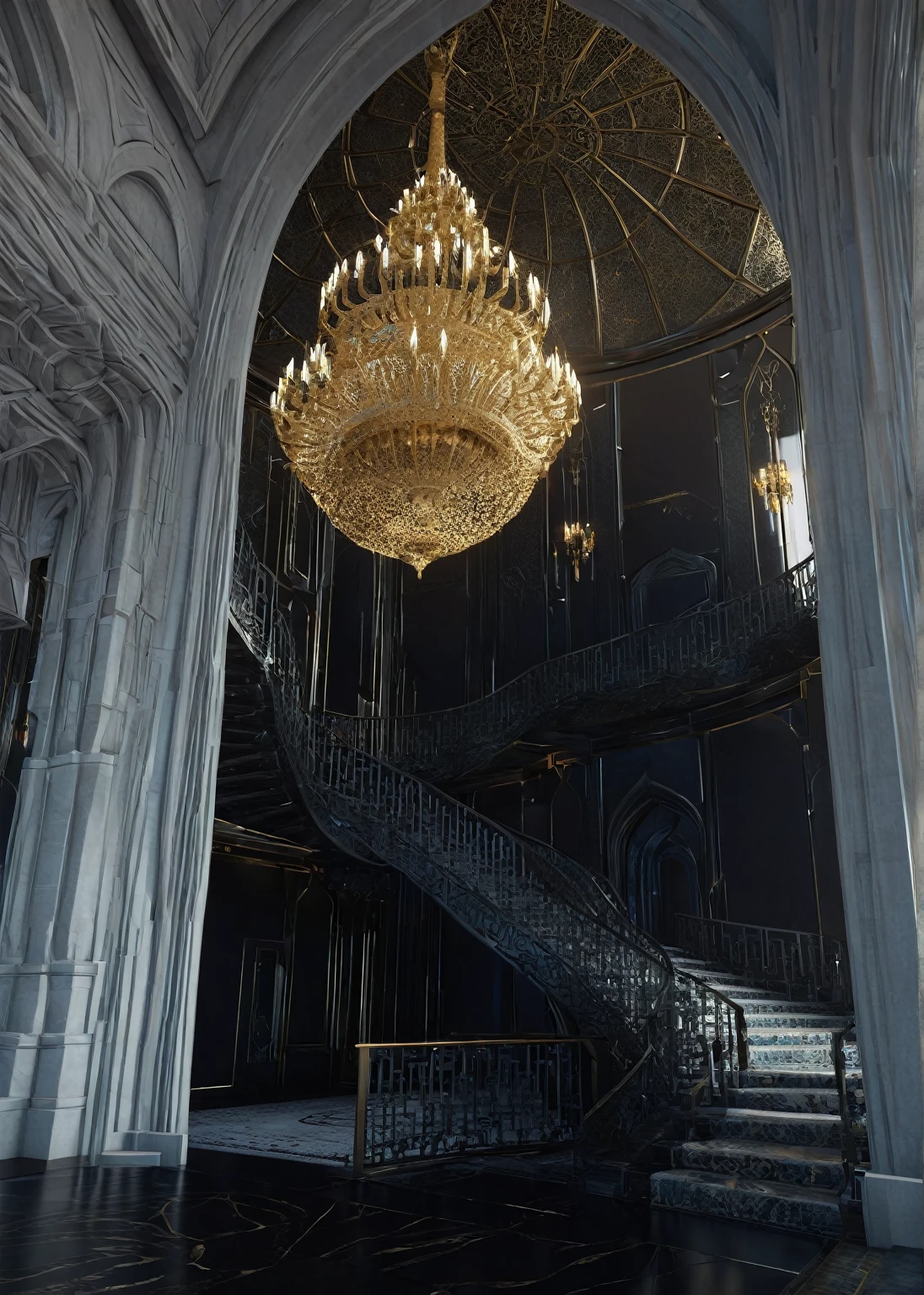 there is a large room with a staircase and a circular staircase, futuristic persian palace, cgsociety unreal engine, exquisitely designed throne room, unreal engine render, unreal engine 5 : :, futuristic palace, rendered in lumion, unreal engine hd render, unreal engine render saint seiya, rendered in lumion pro, unreal engine 5 render, unreal engine 5 »