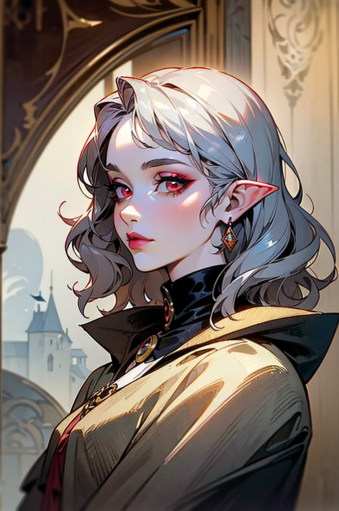 femme de 50 ans, Middle-aged European, ((trentenaire)), solo, medieval tavern, [ghotic] full lips, [[Short hair]], (visage de forme ovale), (Heavenly Nose), wears a cape, peau claire et chaude, red eyes, doe eyes, short hair, very silver hair, very light, wavy hair, elfe ears, Long cils, ((dark medieval clothes)), Glow, ghotic, elegant, tendance sur artstation, makeup, lipstick, inkshadow, (((Masterpiece artwork))), ((best quality)), ((complex detailed)), ((semi-realistic)), (se concentrer uniquement), (visage parfait:1.1), (high detail:1.1), dark