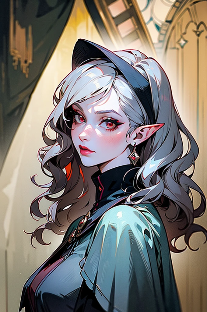 femme de 50 ans, Middle-aged European, ((trentenaire)), solo, medieval tavern, [ghotic] full lips, [[Short hair]], (visage de forme ovale), (Heavenly Nose), wears a cape, peau claire et chaude, red eyes, doe eyes, short hair, very silver hair, very light, wavy hair, elfe ears, Long cils, ((dark medieval clothes)), Glow, ghotic, elegant, tendance sur artstation, makeup, lipstick, inkshadow, (((Masterpiece artwork))), ((best quality)), ((complex detailed)), ((semi-realistic)), (se concentrer uniquement), (visage parfait:1.1), (high detail:1.1), dark