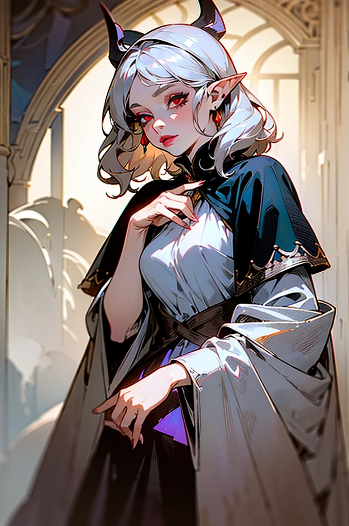 femme de 50 ans, Middle-aged European, ((trentenaire)), solo, medieval tavern, [ghotic] full lips, [[Short hair]], (visage de forme ovale), (Heavenly Nose), wears a cape, peau claire et chaude, red eyes, doe eyes, short hair, very silver hair, very light, wavy hair, elfe ears, Long cils, ((dark medieval clothes)), Glow, ghotic, elegant, tendance sur artstation, makeup, lipstick, inkshadow, (((Masterpiece artwork))), ((best quality)), ((complex detailed)), ((semi-realistic)), (se concentrer uniquement), (visage parfait:1.1), (high detail:1.1), dark