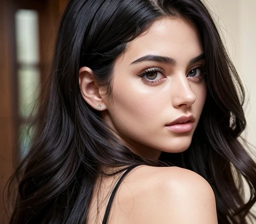 ((Best quality)), ((masterpiece)), (detailed), ((perfect face)), perfect proportions, She is a beautiful girl, She is 20, she has long black hair, She has wavy hair, she's voluptuous, She has large breasts, she's sensual, she has gothic makeup, she has red lips, she wears black gothic clothes and tight pants, she poses sensually, She wears gothic clothes, she is the bedroom ((perfect face))
