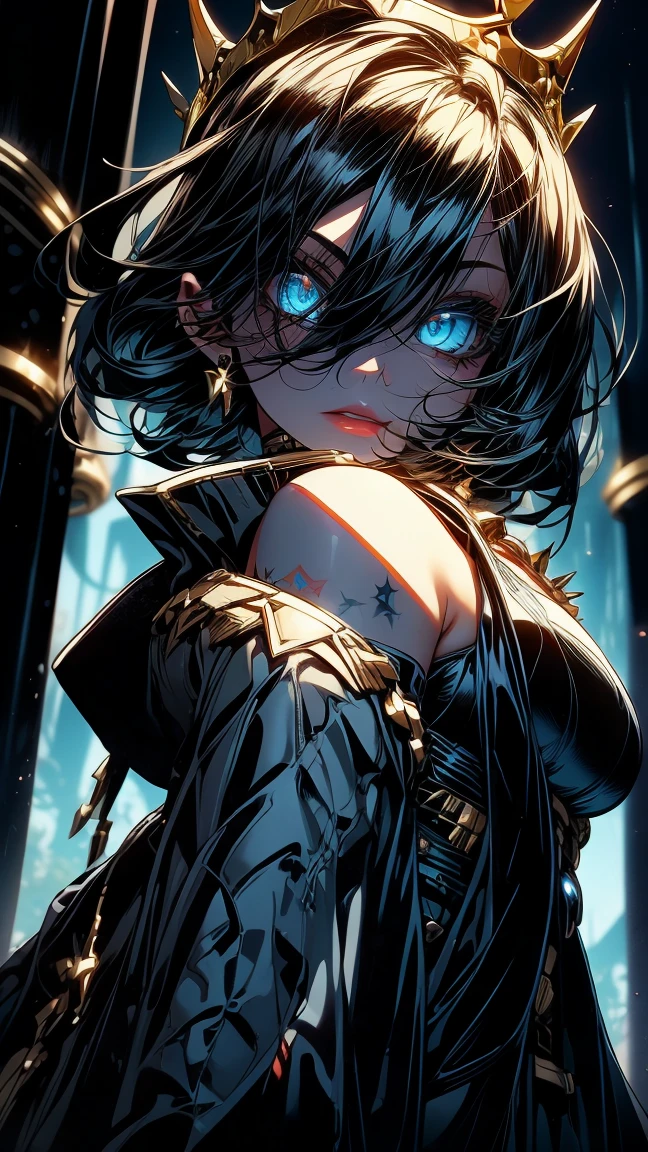  Generate an image of a woman with short black hair with blue highlights, sky-blue eyes with black makeup, and lips painted in soft red. She is wearing a black half-armor on the upper part and a black dress with a side slit at the lower part of her body. Her skin is fair with tattoos on her hip. She wears black heels with scales and a crown of black and blue spikes with golden details. Additionally, she wears a blue cape with black and golden embroidery. She is located in a gallery with tall black columns and a dark background, brightly illuminated, with a somewhat angry expression. 