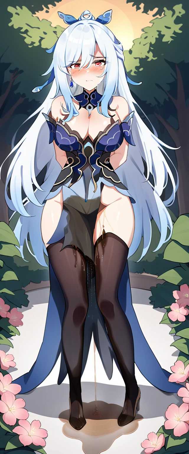 (masterpiece:1.37), best quality, (extremely detailed:1.37), (1girl:1.5), woman, (mature:1.5), (adult:1.5), jingliu, white hair, long hair, ponytail, hair ribbon, red eyes, earrings, jewelry, dress, pantyhose, (pelvic curtain:1.5), (extremely detailed eyes:1.37), (wetting self:2.0), desperation, standing, embarrassed, humiliation, blushing, angry, cherry blossoms, garden, (golden hour:1.5), full body