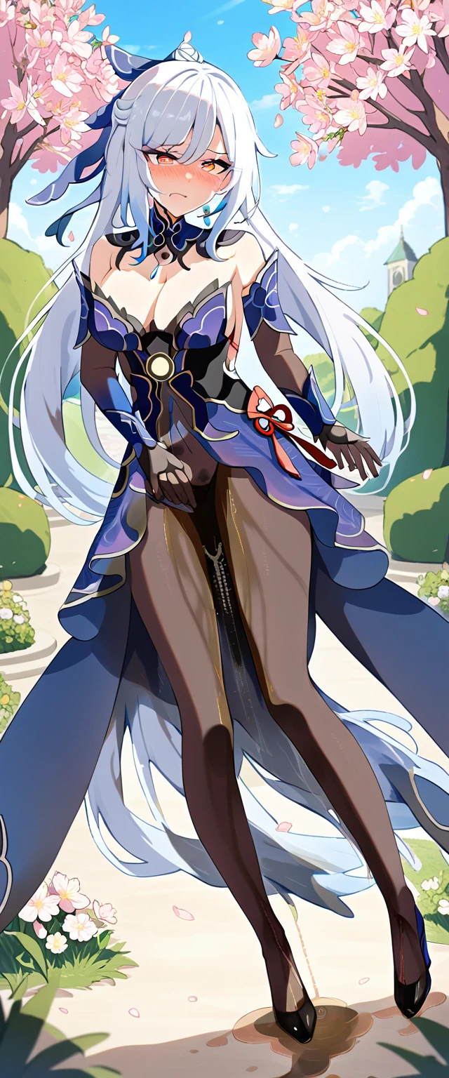 (masterpiece:1.37), best quality, (extremely detailed:1.37), (1girl:1.5), woman, (mature:1.5), (adult:1.5), jingliu, white hair, long hair, ponytail, hair ribbon, red eyes, earrings, jewelry, dress, pantyhose, (pelvic curtain:1.5), (extremely detailed eyes:1.37), (wetting self:2.0), desperation, standing, embarrassed, humiliation, blushing, angry, cherry blossoms, garden, (golden hour:1.5), full body