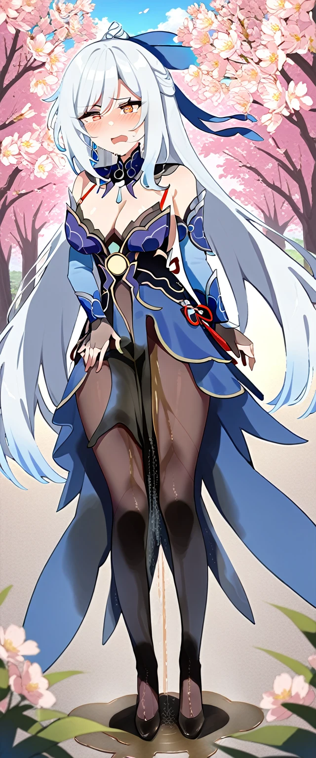 (masterpiece:1.37), best quality, (extremely detailed:1.37), (1girl:1.5), woman, (mature:1.5), (adult:1.5), jingliu, white hair, long hair, ponytail, hair ribbon, red eyes, earrings, jewelry, dress, pantyhose, (pelvic curtain:1.5), (extremely detailed eyes:1.37), (wetting self:2.0), desperation, standing, embarrassed, humiliation, blushing, angry, cherry blossoms, garden, (golden hour:1.5), full body