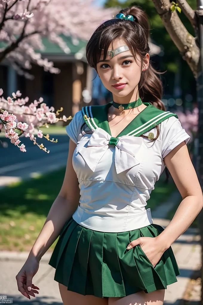 (masterpiece, Highest quality:1.4), (whole body:1.5), (Are standing:1.4), One girl, alone, Ham Jupiter, (Green Eyes), ponytail, (tiara:1.2), jewelry, (Sailor Warrior Uniform:1.5), Green sailor collar, choker, Elbow hand pockets, White gloves, Pink ribbon, brooch, White leotard, Green Skirt, Pleated skirt:1), Beautiful Face, Highly detailed face, Highly detailed eyes, Highly detailed skin, Skin pores, Scattered beneath the surface, Realistic pupils, Mid-chest, Sexy smile, Blush all over face, Fuller lips, Cherry blossom tree background, Scattered beneath the surface, Detailed Background, Depth of written boundary, Volumetric lighting, Sharp focus, Absurd, Realistic proportions, Excellent anatomy, (Realistic, hyperRealistic:1.4), 16k hdr,