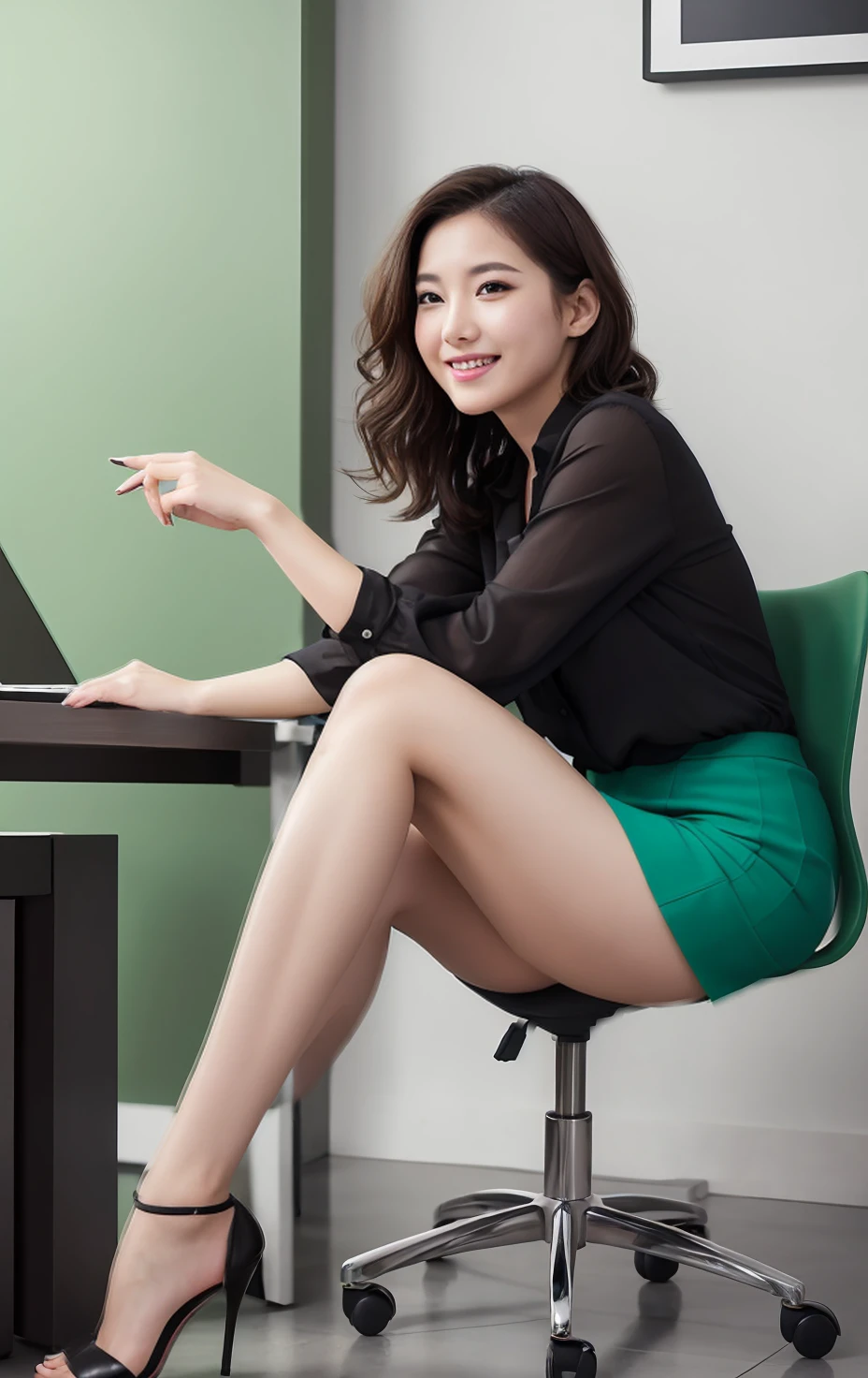 class elite caucasian secretary in diminute green miniskirt, big breast, up Working in the office、Wearing white office slide open blouse, naked legs、Wear open high heels , short curly bob hair, medium, naked leg's, sitting in a counterr. Raw photo, (8K、top-quality、masterpiece:1.4)、(intricate detailes:1.4)、(Photorealsitic:1.4)、octane renderings、Complex 3D rendering ultra detail, Studio Soft Light, Rim Lights, vibrant detail, super detailing, realistic skin textures, Detail Face, Beautiful detail eyes, Very detailed CG Unity 16k wallpaper, make - up, (detailedbackground:1.4), beautifull legs!!!, full body view, smiling at me, she is stand up tight legs, crossed legs, staring at me , side view