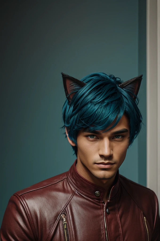 A handsome male with bronze skin, he has medium length teal blue hair, purple eyes, and cat ears on his head with red clothing