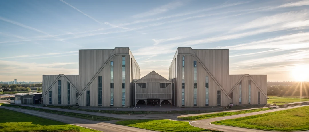 aerial view, master view, grass, day, line, curve, highquality, realistic photo, canon eos 5D mark, [[[architech1904]]], natural light, (realistic: 1.2), sharpen edge, morden building, factory, concrete wall.