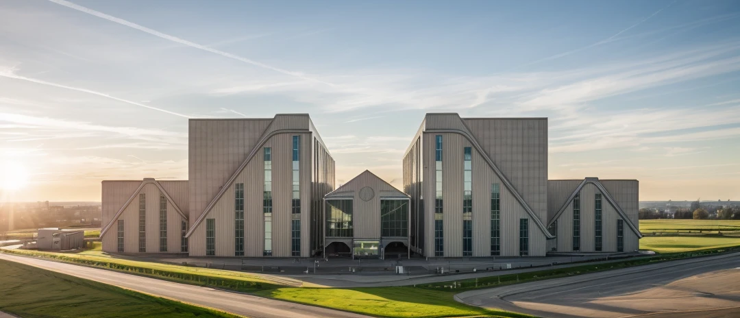 aerial view, master view, grass, day, line, curve, highquality, realistic photo, canon eos 5D mark, [[[architech1904]]], natural light, (realistic: 1.2), sharpen edge, morden building, factory, concrete wall.