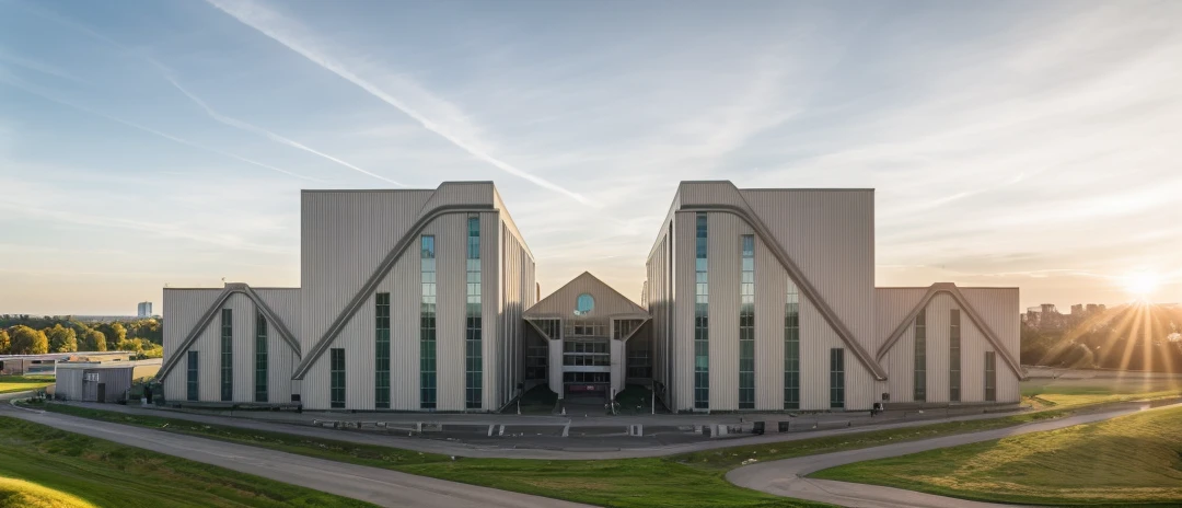 aerial view, master view, grass, day, line, curve, highquality, realistic photo, canon eos 5D mark, [[[architech1904]]], natural light, (realistic: 1.2), sharpen edge, morden building, factory, concrete wall.