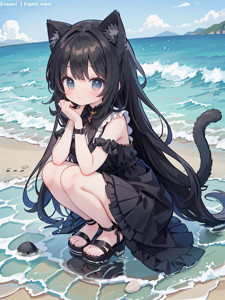 Wearing a black dress on the beach、long hair、Anime girl in black shoes, very beautiful anime cat girl, , beautiful anime cat girl, at the beach, cute anime cat girl, Beautiful anime girl squatting, At the beach, seductive anime girl, on the beach, anime cat girl, Anime cute art style, Anime girl squatting