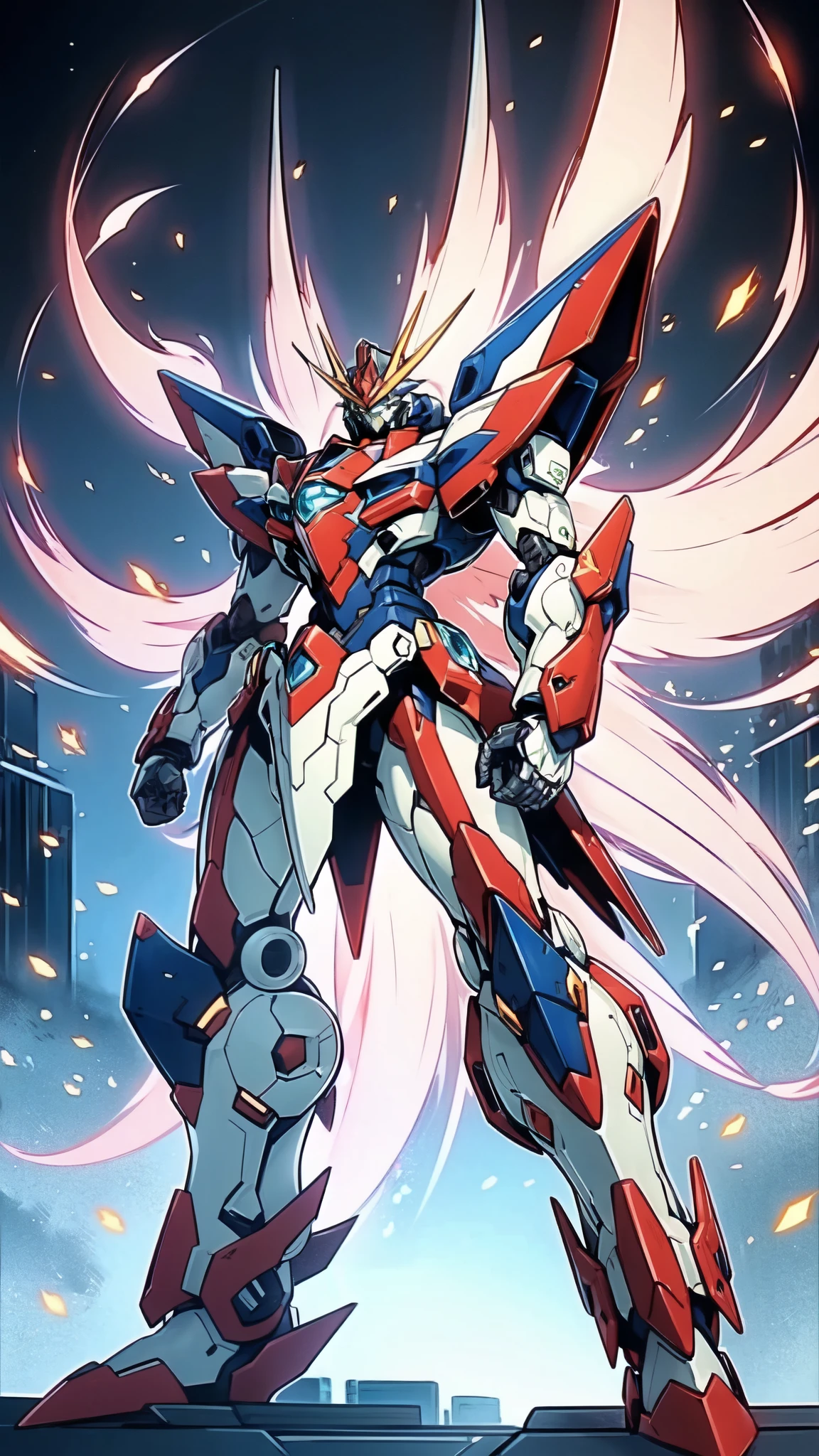 (masterpiece:1.5, best quality:1.5, extremely delicate:1.5), humanoid Mecha, fully enclosed shoulder guards, matching arm and leg guards, full body, full armor, the design balances heavy with agility, (the color scheme is primarily white with red and blue accents, the concept Inspired by Super robot, organic biotech armor, standing, floating high above the futuristic sci-fi city), exquisite and mature art style, (aura effect, energy, glowing eyes, the armor glows), ((SRS)), metallic, dramatic, high definition, highres, ultra-detailed, ultra-fine painting, professional, perfect body proportions, anatomically correct, symmetrical face, extremely detailed eyes and face, high quality eyes, creativity, RAW photo, UHD, 32k, Natural light, cinematic lighting, masterpiece-anatomy-perfect