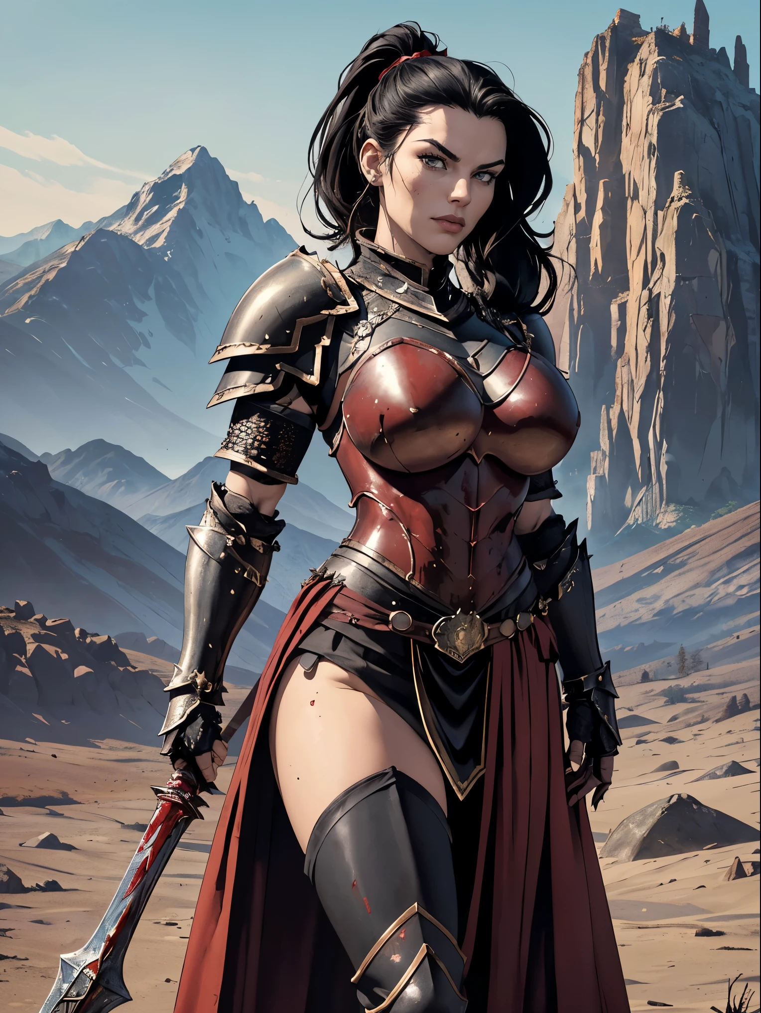 (masterpiece, top quality, best quality, official art, beautiful and aesthetic:1.2), (1girl:1.3), ((Sharp facial features, sharp features, hawkish features)), ((big hair, long black hair, ponytail)), big tiddy chaos warrior girl, extremely detailed, portrait, looking at viewer, solo, (full body:0.6), detailed background, full-body shot, (hot desert mountain theme:1.1), chaos warrior, (spiky helmet), charlatan, smirk, mysterious, swaying in mountains, armor, red metal, brass trim, long boots, dual axes, blood red fabric, pelvic curtain, loincloth, black leather, ((((armor, heavy armor, blood, armored, gigantic breasts, long legs, pelvic curtain, toned, muscular)))), cute belly button, toned tummy, slim waist, slim hips, long legs, medieval (mountain exterior:1.1) background, dark mysterious lighting, shadows, magical atmosphere, dutch angle