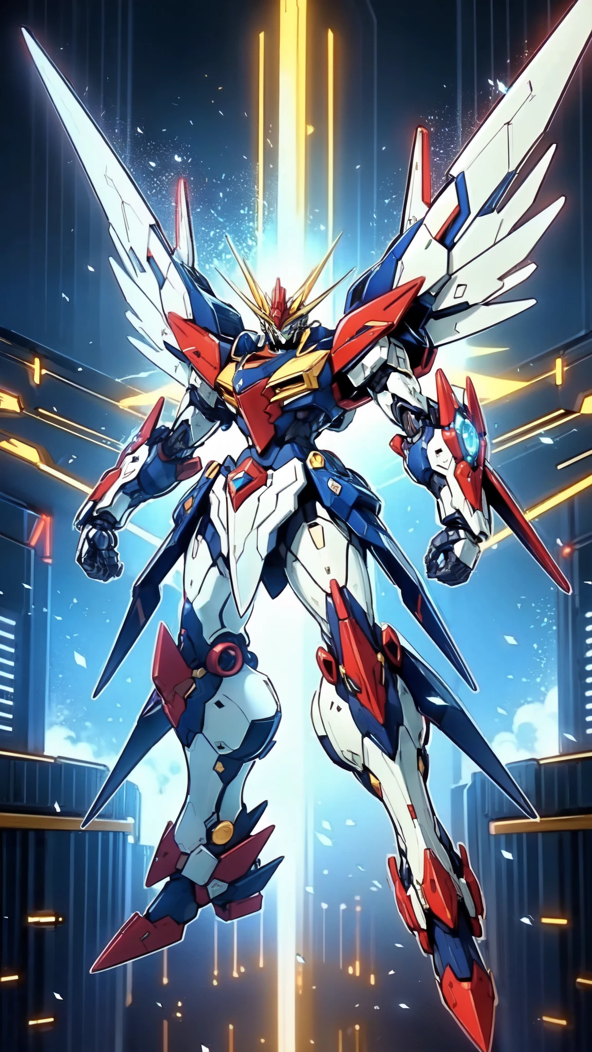 (masterpiece:1.5, best quality:1.5, extremely delicate:1.5), humanoid Mecha, fully enclosed shoulder guards, matching arm and leg guards, full body, full armor, the design balances heavy with agility, (the color scheme is primarily white with red and blue accents, the concept Inspired by Super robot, organic biotech armor, standing, floating high above the futuristic sci-fi city), exquisite and mature art style, (aura effect, energy, glowing eyes, the armor glows), ((SRS)), metallic, dramatic, high definition, highres, ultra-detailed, ultra-fine painting, professional, perfect body proportions, anatomically correct, symmetrical face, extremely detailed eyes and face, high quality eyes, creativity, RAW photo, UHD, 32k, Natural light, cinematic lighting, masterpiece-anatomy-perfect