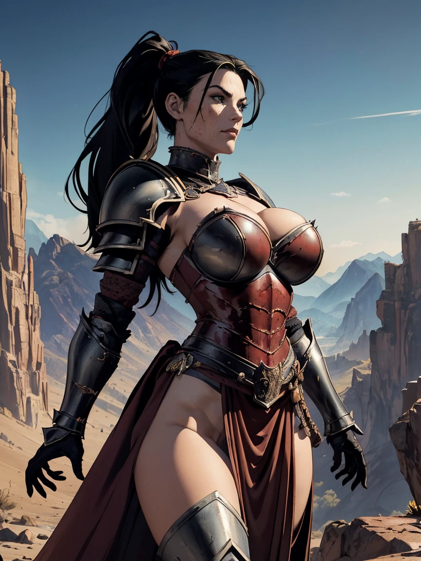 (masterpiece, top quality, best quality, official art, beautiful and aesthetic:1.2), (1girl:1.3), ((Sharp facial features, sharp features, hawkish features)), ((big hair, long black hair, ponytail)), big tiddy chaos warrior girl, extremely detailed, portrait, looking at viewer, solo, (full body:0.6), detailed background, full-body shot, (hot desert mountain theme:1.1), chaos warrior, (spiky helmet), charlatan, smirk, mysterious, swaying in mountains, armor, red metal, brass trim, long boots, dual axes, blood red fabric, pelvic curtain, loincloth, black leather, ((((armor, heavy armor, blood, armored, gigantic breasts, long legs, pelvic curtain, toned, muscular)))), cute belly button, toned tummy, slim waist, slim hips, long legs, medieval (mountain exterior:1.1) background, dark mysterious lighting, shadows, magical atmosphere, dutch angle