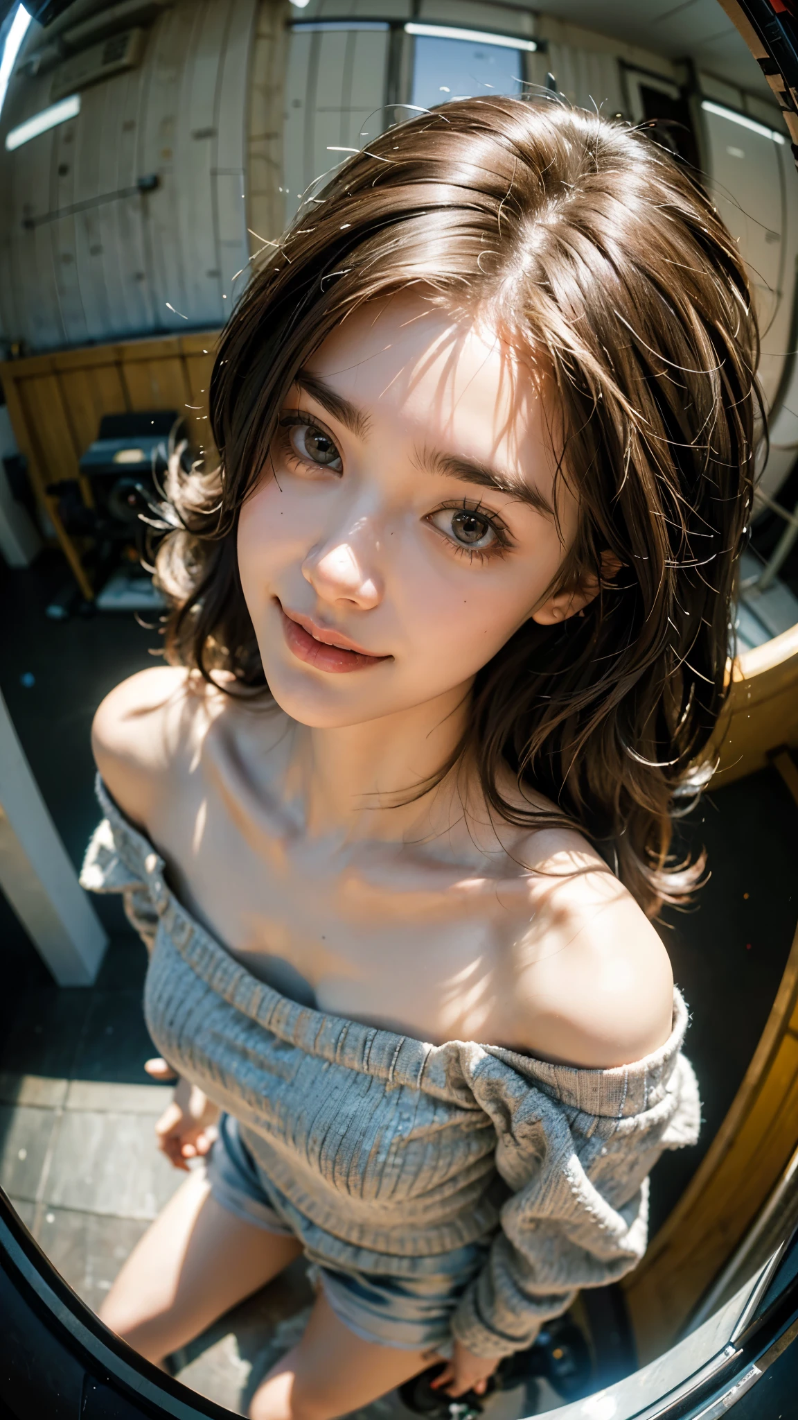 Highest quality, masterpiece, Ultra-high resolution,8k, (Realistic:1.6), (Close-up portrait:1.4) RAW Photos, ((Off-the-shoulder girly fashion)),((Full body photo)),1 person,A slender adult 26-year-old woman,(Full of smiles, )), ,((Silver Long Hair Style)),((Looking up at the audience)),Face Focus:1.4,((Shooting from above with a fisheye lens:1.4)),