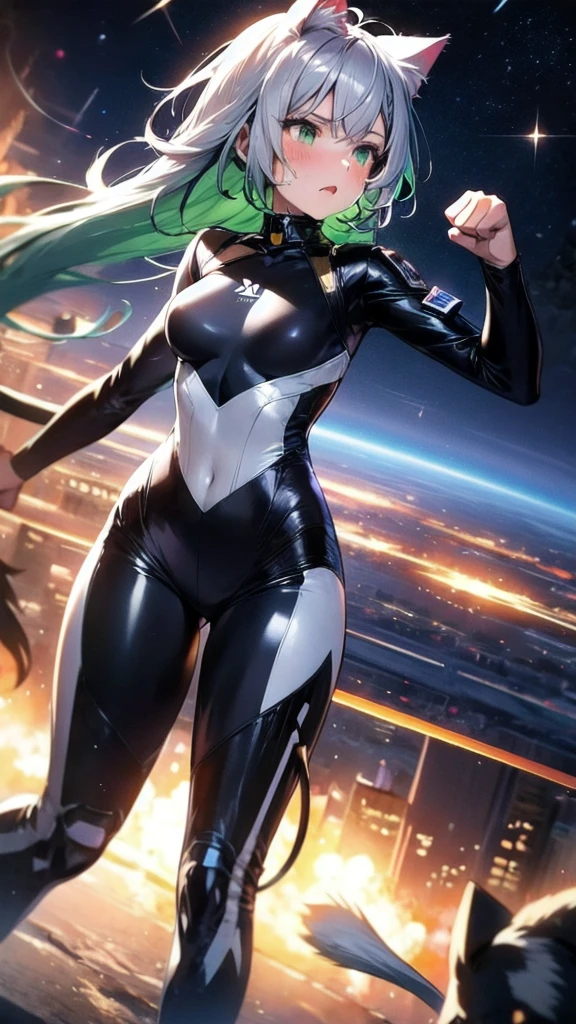 A silver-haired beautiful girl with cat ears eyes are green hair is silver and long clothes: a form-fitting black combat suit The fist is an afterimage The background is a city at night her is in a cat-like fighting pose The year is  monitor, Dark Night, Sweat, Steam of Exhalation, Space, Battle, Dynamic Angle　one girl