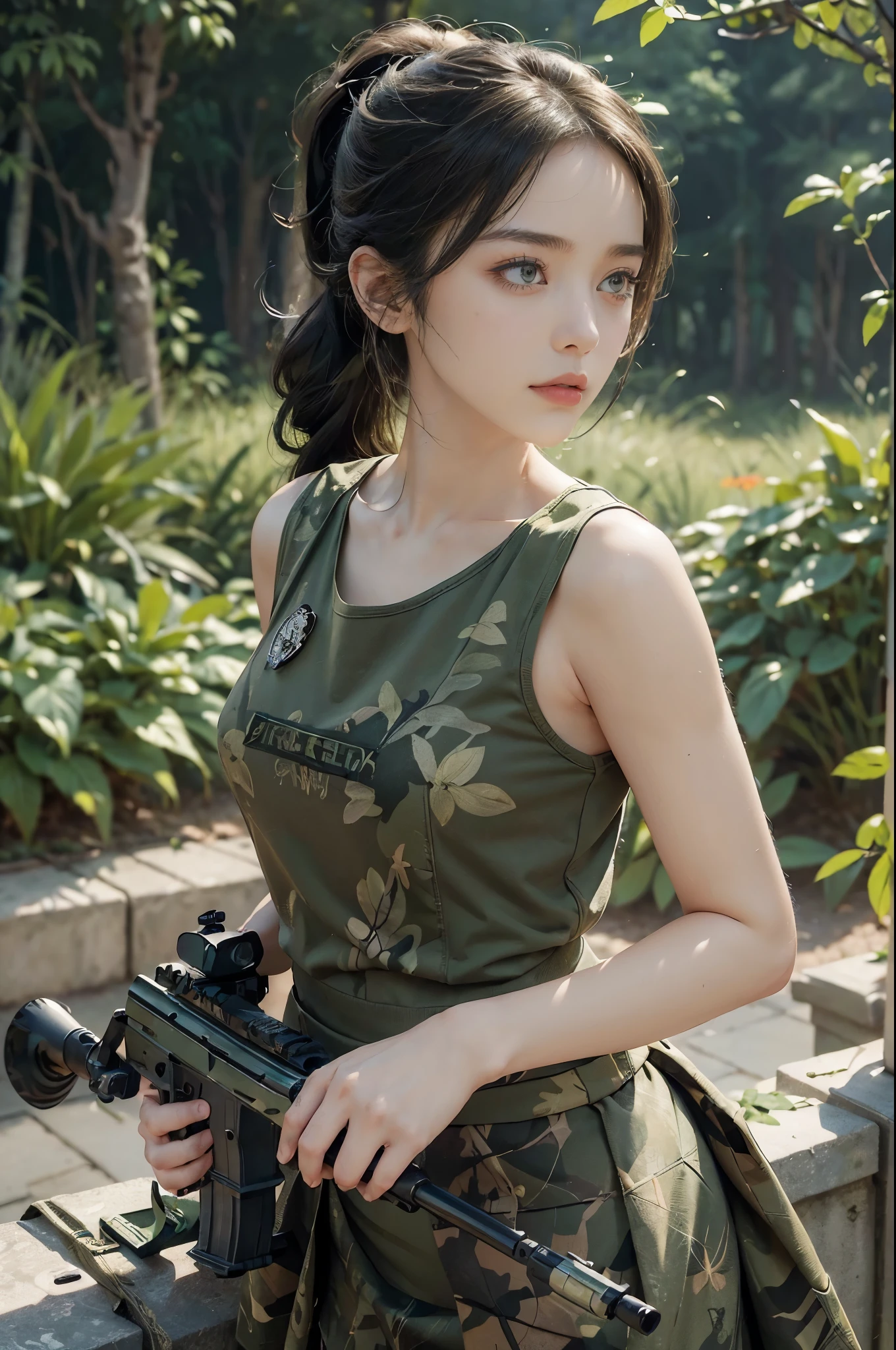 (((best quality))),(((ultra detailed))),(((masterpiece))),illustration,((1girl,sniper,solo)),summer,heat,short ponytail,green camouflage tank top,mini-skirt,shrubbery,sweat,forehead,intent,focused,determined,expression,sun,shadows,discipline,precision,leaves rustling,breeze,bird chirps,insect buzzes,isolation,task,attire,functional,eye-catching,camouflage pattern,blend,foliage,makeup,anonymity,scenery,ghost,calm,collect,(Holding a huge machine gun:1.3),rifle steadied,bipod,presence,formidable force,hunter,wild,silent guardian,shadows,vigilant,watchful,essence, Hunter hidden in plain sight
