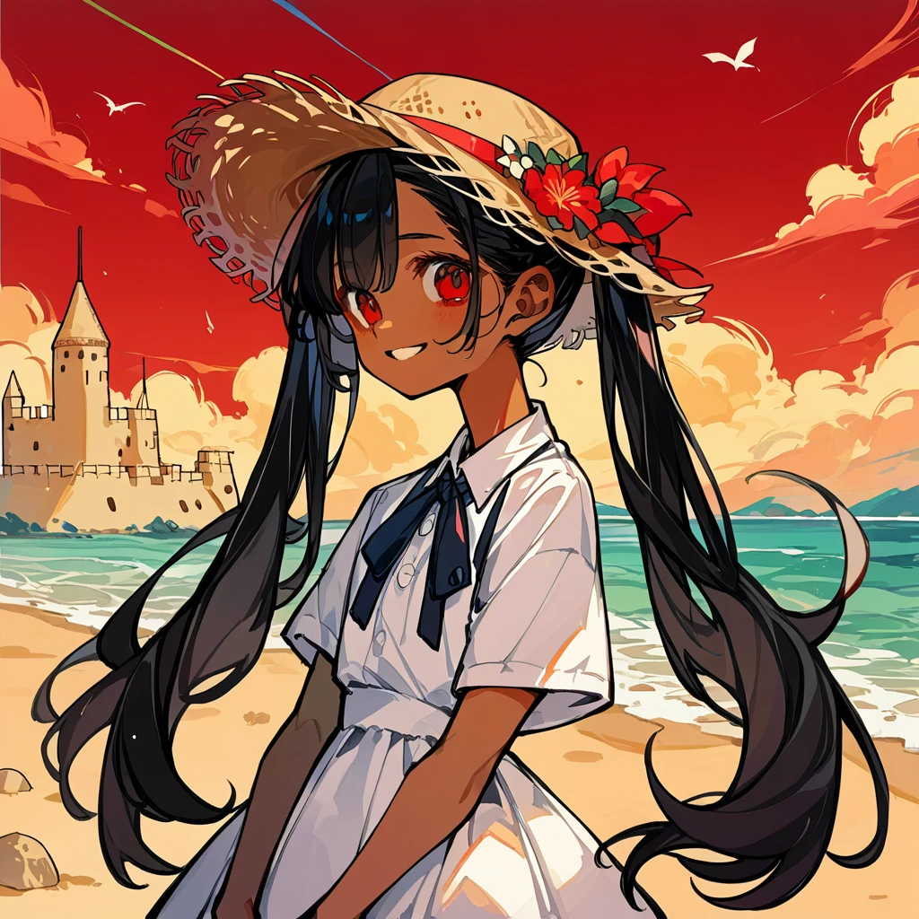 score_9_up, score_8_up, score_7_up, score_6_up, source_アニメ,2d, flat、deep shadows、Black Hair、Sand castles、Red sunset、Red Sea、Pigtails、White dress、Straw hat、Brown Skin、smile、Sandy Beach、rating_safe