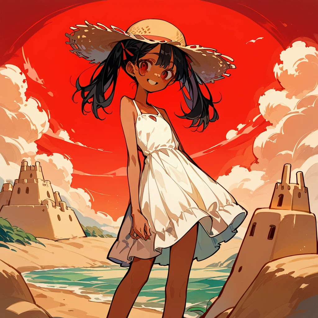 score_9_up, score_8_up, score_7_up, score_6_up, source_アニメ，2d, flat、deep shadows、Black Hair、Sand castles、Red sunset、Red Sea、Pigtails、White dress、Straw hat、Brown Skin、smile、Sandy Beach、rating_safe