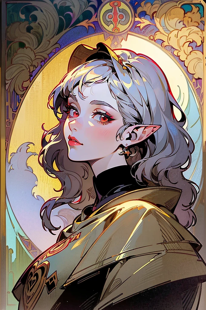 femme de 50 ans, Middle-aged European, ((trentenaire)), solo, medieval tavern, [ghotic] full lips, [[Short hair]], (visage de forme ovale), (Heavenly Nose), wears a cape, peau claire et chaude, red eyes, doe eyes, short hair, very silver hair, very light, wavy hair, elfe ears, Long cils, ((dark medieval clothes)), Glow, ghotic, elegant, tendance sur artstation, makeup, lipstick, ((In the style of Alphonse Mucha)), inkshadow, (((Masterpiece artwork))), ((best quality)), ((complex detailed)), ((semi-realistic)), (se concentrer uniquement), (visage parfait:1.1), (high detail:1.1), dark