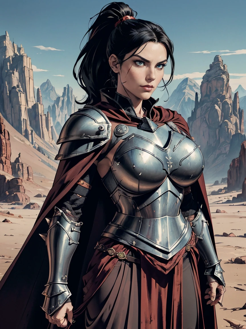 (masterpiece, top quality, best quality, official art, beautiful and aesthetic:1.2), (1girl:1.3), ((Sharp facial features, sharp features, hawkish features)), ((big hair, long black hair, ponytail)), big tiddy chaos warrior girl, extremely detailed, portrait, looking at viewer, solo, (full body:0.6), detailed background, full-body shot, (hot desert mountain theme:1.1), chaos warrior, (spiky helmet), charlatan, smirk, mysterious, swaying in mountains, armor, red metal, brass trim, long boots, dual axes, blood red fabric, pelvic curtain, loincloth, black leather, ((((cape, armor, heavy armor, blood, armored, gigantic breasts, long legs, pelvic curtain, toned, muscular)))), cute belly button, toned tummy, slim waist, slim hips, long legs, medieval (mountain exterior:1.1) background, dark mysterious lighting, shadows, magical atmosphere, dutch angle