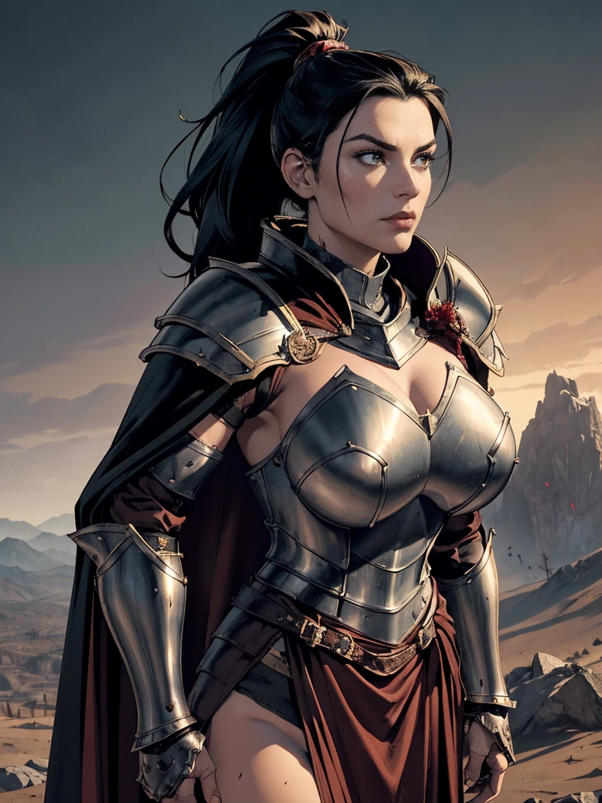 (masterpiece, top quality, best quality, official art, beautiful and aesthetic:1.2), (1girl:1.3), ((Sharp facial features, sharp features, hawkish features)), ((big hair, long black hair, ponytail)), big tiddy chaos warrior girl, extremely detailed, portrait, looking at viewer, solo, (full body:0.6), detailed background, full-body shot, (hot desert mountain theme:1.1), chaos warrior, (spiky helmet), charlatan, smirk, mysterious, swaying in mountains, armor, red metal, brass trim, long boots, dual axes, blood red fabric, pelvic curtain, loincloth, black leather, ((((cape, armor, heavy armor, blood, armored, gigantic breasts, long legs, pelvic curtain, toned, muscular)))), cute belly button, toned tummy, slim waist, slim hips, long legs, medieval (mountain exterior:1.1) background, dark mysterious lighting, shadows, magical atmosphere, dutch angle