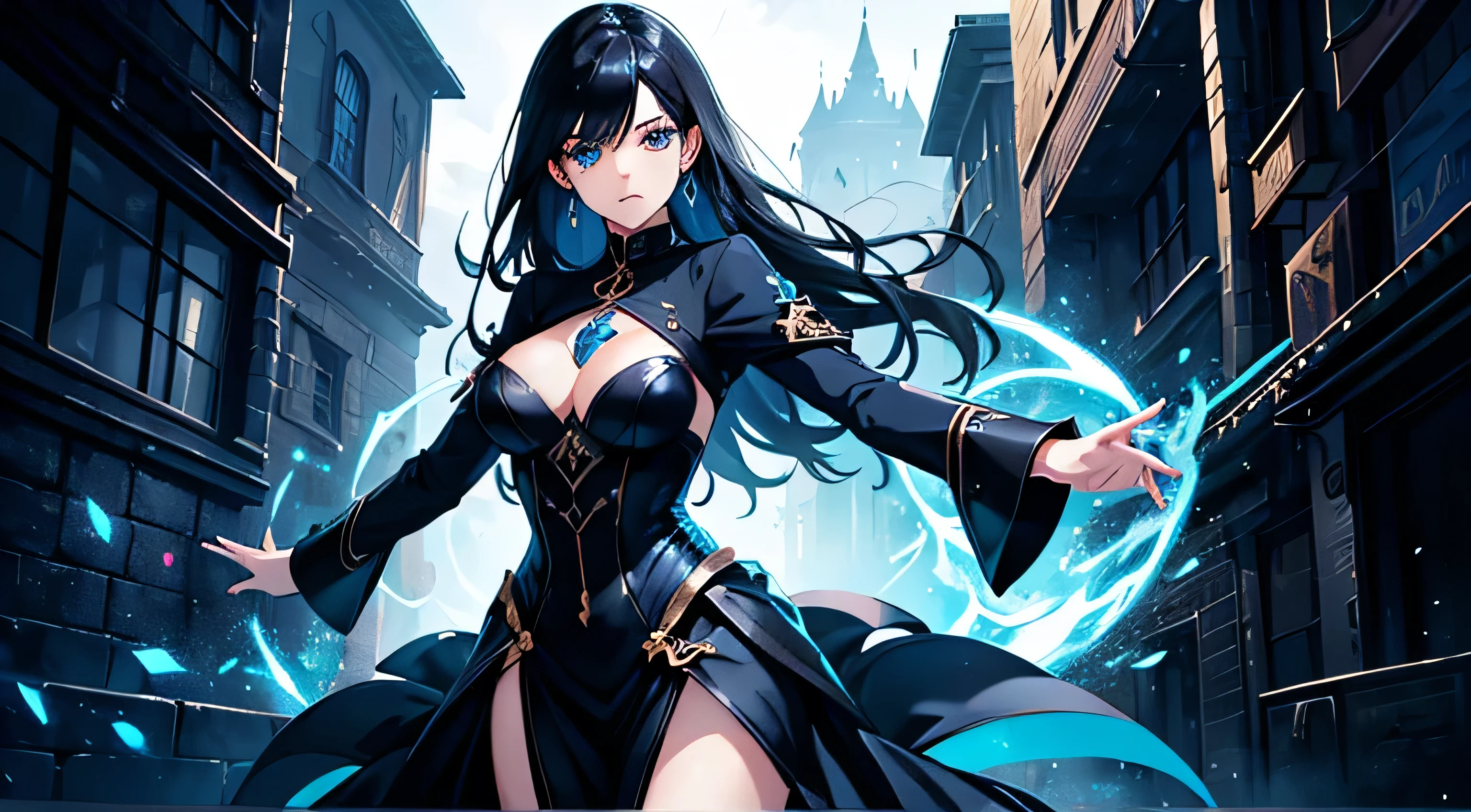 Woman, female magician, black hair, square face, arched eyebrow, blue colored eyes, fantasy setting, detailed outfit, wearing black, trace of magic everywhere, warrior pose.