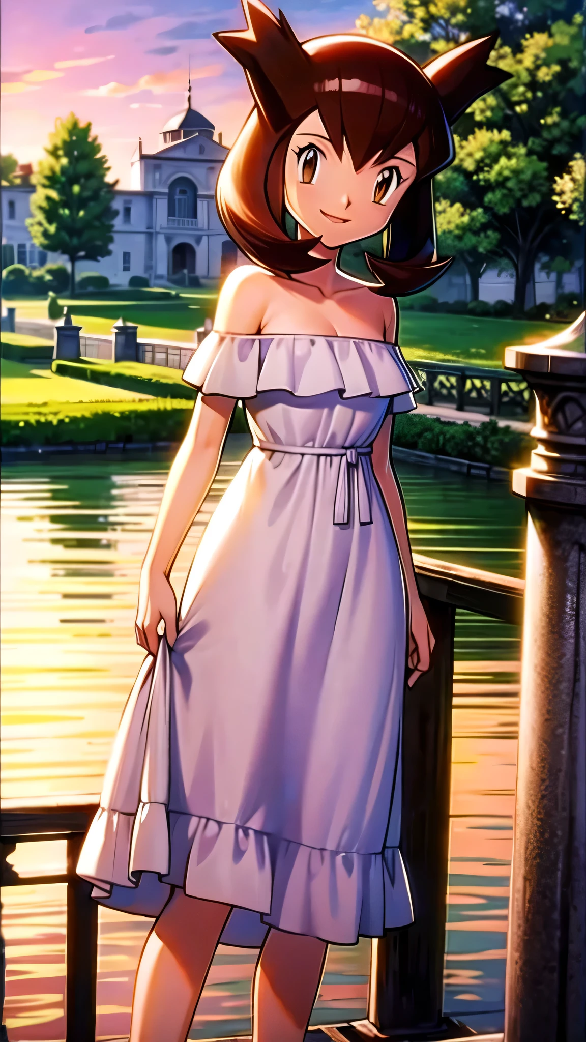 Bianca (pokemon heroes), 1 girl, solo, brown hair, brown eyes, bare shoulders, strapless, off shoulders, ruffle off the shoulder top, white maxi dress, close up headshot, intricate details, sharp focus, high resolution, the background of beautiful flower park with trees and canals, beautiful sunset, smile, standing on the bridge, arms behind back