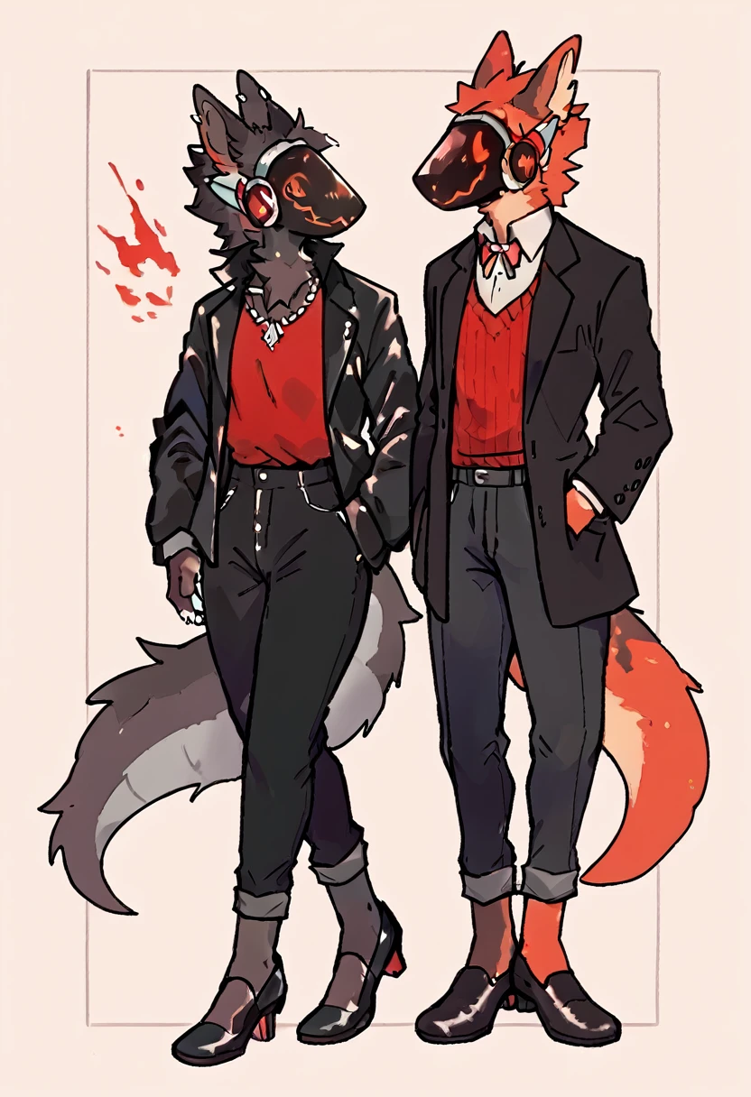 Dark chestnut brown furry protogen furry with a fiery red sweater, elegant black dress pants, black shoes, elegant black jacket and details on the protogen visor in red