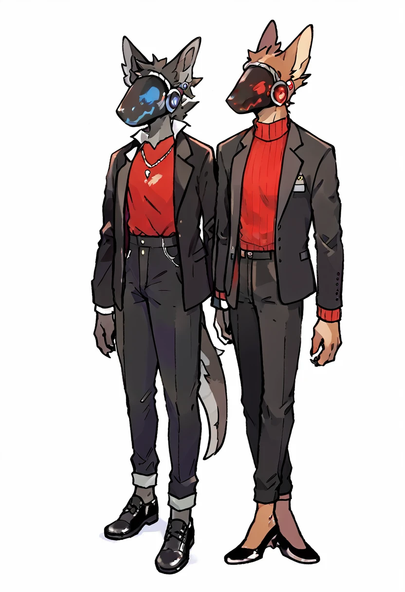 Dark chestnut brown furry protogen furry with a fiery red sweater, elegant black dress pants, black shoes, elegant black jacket and details on the protogen visor in red