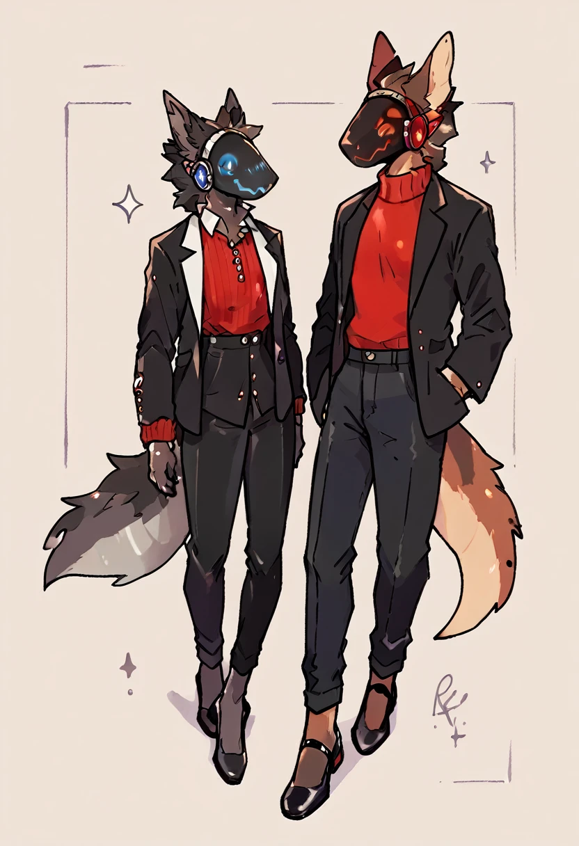 Dark chestnut brown furry protogen furry with a fiery red sweater, elegant black dress pants, black shoes, elegant black jacket and details on the protogen visor in red