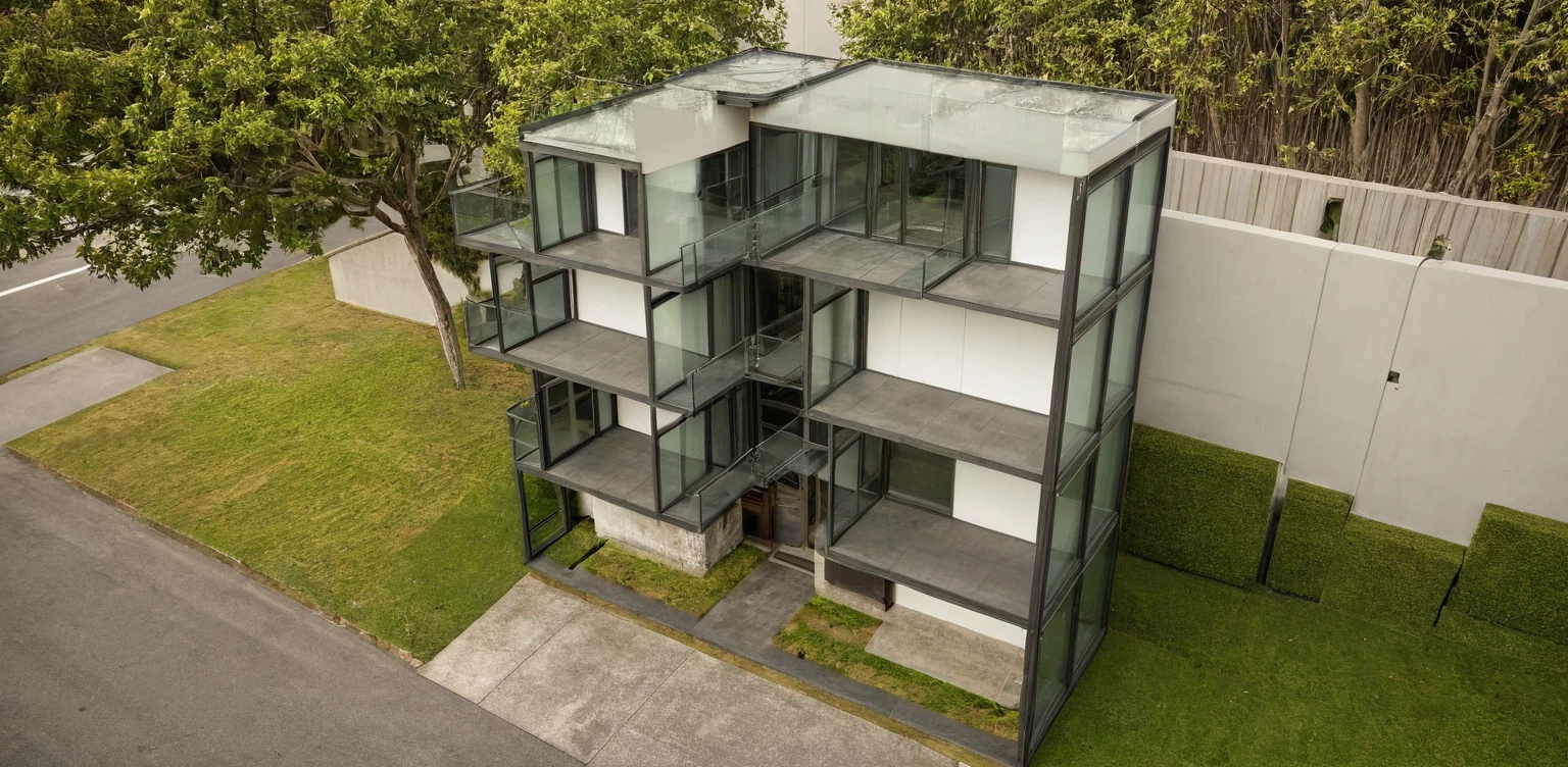 Raw photo, Masterpiece, high quality, best quality, authentic, super detail, architecture, house, outdoors,  style modern, minimalist line, wooden, white paint wall, japan style, wasabi style, Jen style, steel stair, glass railing, paint wall decor, tree, street