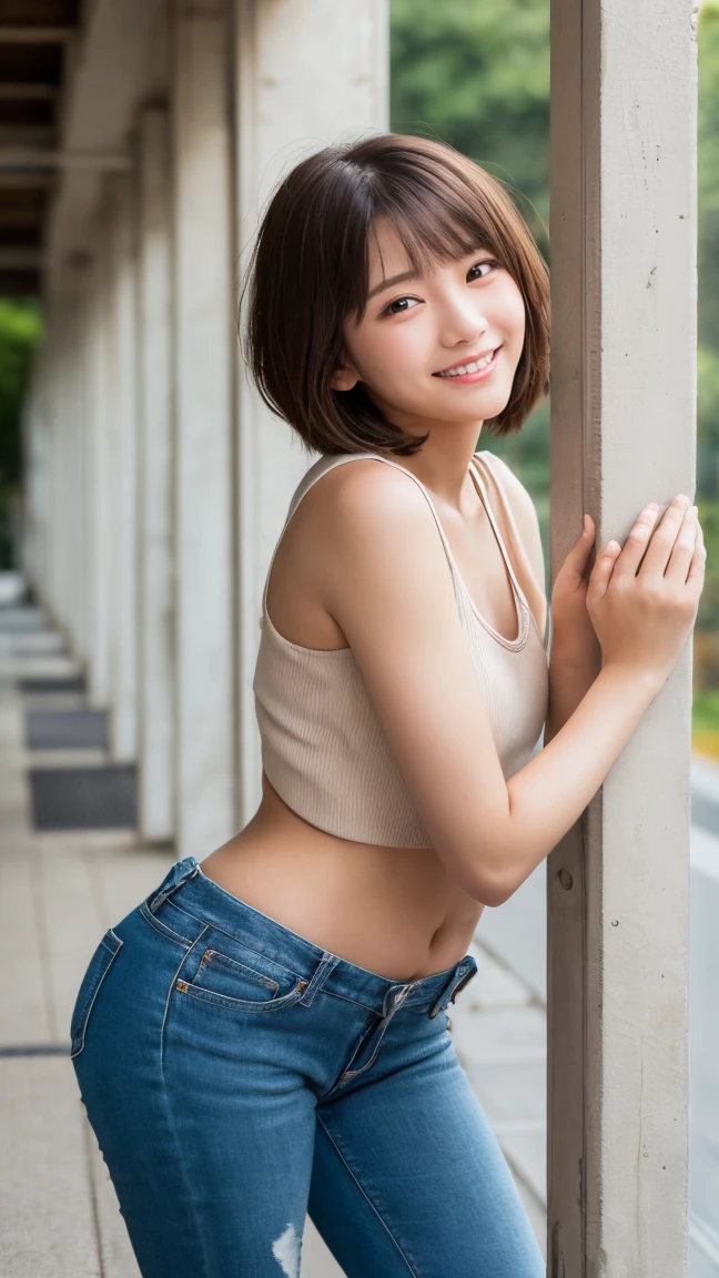 (Sniper, RAW Photos, Highest quality, masterpiece, Realistic, Detailed face, Detailed skin, Warm color temperature, One girl, alone:1.2), Beautiful Japan teenage girl, , (skinny:1.5), (short hair:1.3), amount, Brown Hair, Full Body Shot, Front view, Dirty Skin,smile, shy,