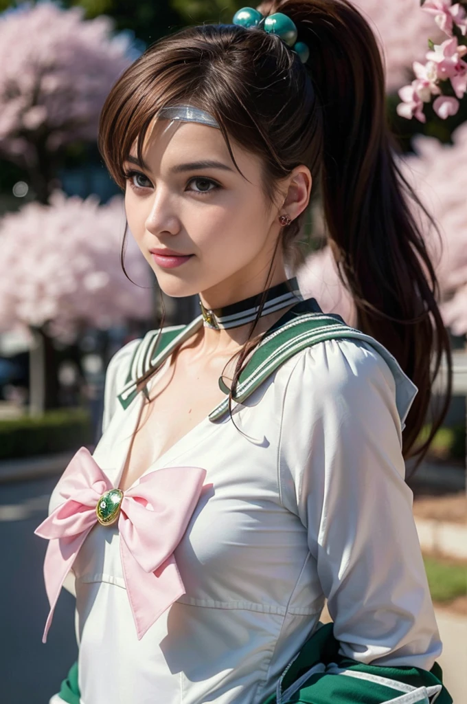 (masterpiece, Highest quality:1.4), (whole body:1.5), (Are standing:1.4), One girl, alone, Ham Jupiter, (Green Eyes), ponytail, (tiara:1.2), jewelry, (Sailor Warrior Uniform:1.5), Green sailor collar, choker, Elbow hand pockets, White gloves, Pink ribbon, brooch, White leotard, Green Skirt, Pleated skirt:1), Beautiful Face, Highly detailed face, Highly detailed eyes, Highly detailed skin, Skin pores, Scattered beneath the surface, Realistic pupils, Mid-chest, Sexy smile, Blush all over face, Fuller lips, Cherry blossom tree background, Scattered beneath the surface, Detailed Background, Depth of written boundary, Volumetric lighting, Sharp focus, Absurd, Realistic proportions, Excellent anatomy, (Realistic, hyperRealistic:1.4), 16k hdr,
