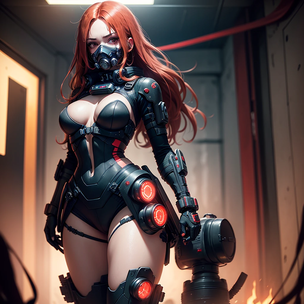 "Fantastic cyberpunk post-apocalyptic style. Beautiful cyborg girl with long red hair, v half-face respirator masks, high tech gas mask, dressed in a black android suit with a cleavage and small red details, stands vertically in front of the camera. The camera films her from below. She stands over the camera in a dominant pose face sitting domination. She looks into the lens with a playful, with a slightly flirtatious look and a slight smile. Her thighs are exposed. Dark background with red flashes and lights, creating an atmosphere of slight sadness. The image horizon is flat. Primary colors - black and red." sci fi