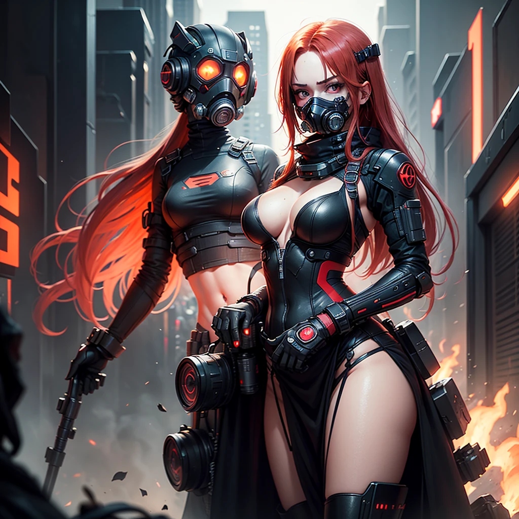 "Fantastic cyberpunk post-apocalyptic style. Beautiful cyborg girl with long red hair, v half-face respirator masks, high tech gas mask, dressed in a black android suit with a cleavage and small red details, stands vertically in front of the camera. The camera films her from below. She stands over the camera in a dominant pose face sitting domination. She looks into the lens with a playful, with a slightly flirtatious look and a slight smile. Her thighs are exposed. Dark background with red flashes and lights, creating an atmosphere of slight sadness. The image horizon is flat. Primary colors - black and red." sci fi