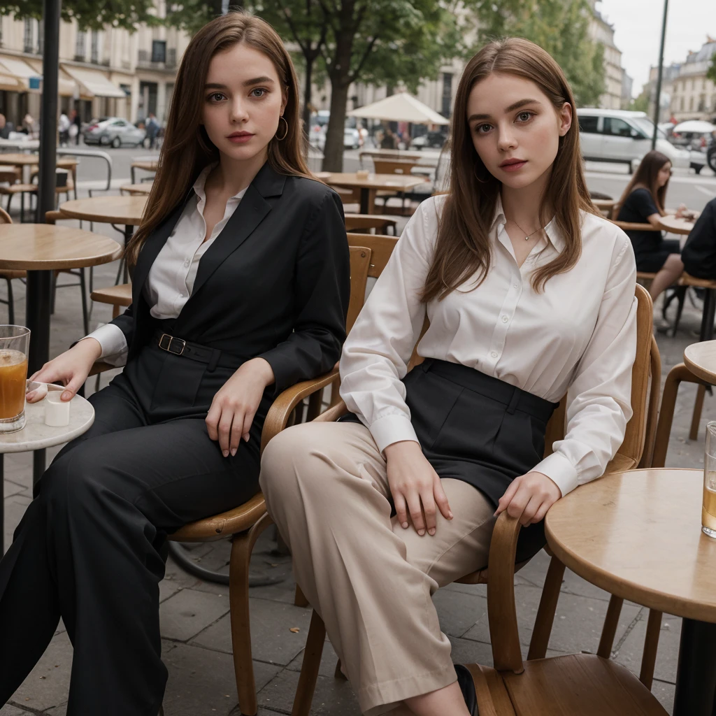 Sophia Lillis, thick woman, long straight hair, photograph quality, eyeshadow and lipstick, blouse and slacks, sitting in a chair at an outdoor cafe in Paris