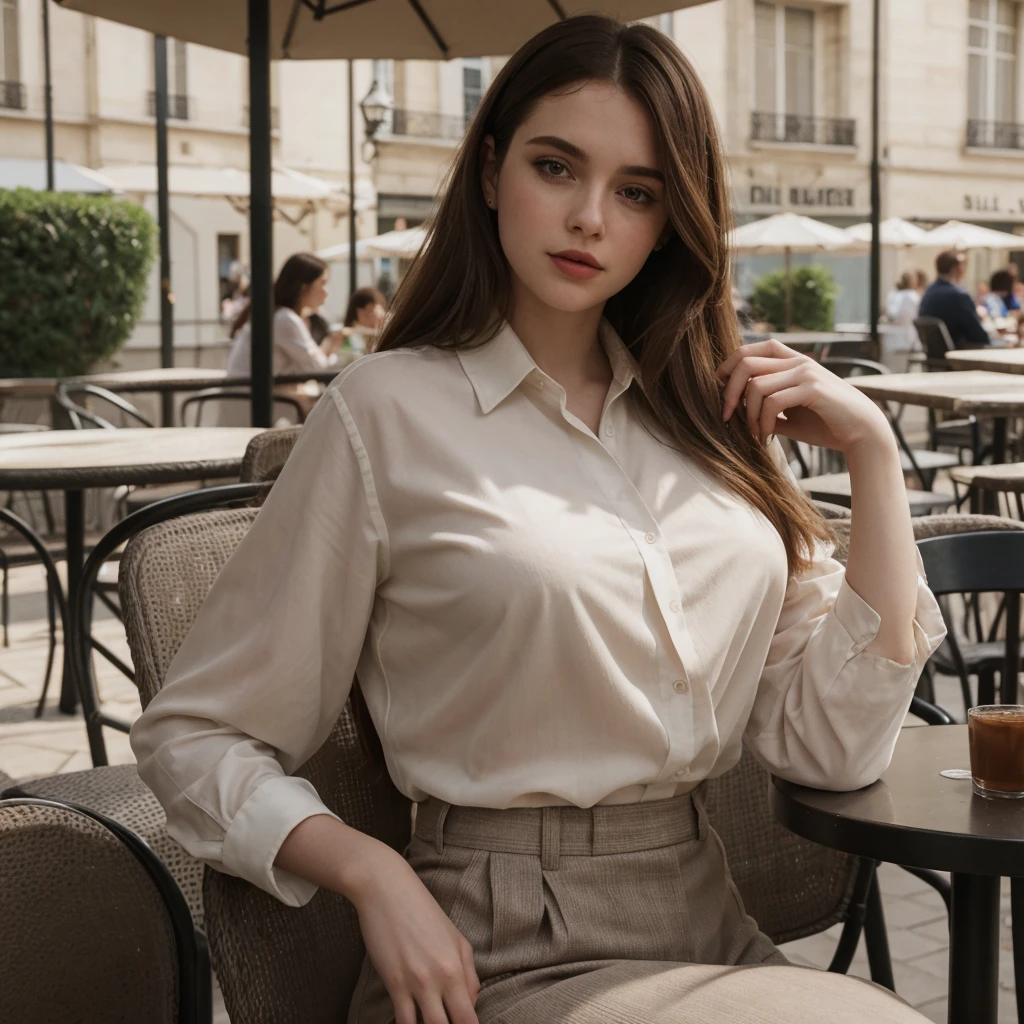 Sophia Lillis, thick woman, long straight hair, photograph quality, eyeshadow and lipstick, blouse and slacks, sitting in a chair at an outdoor cafe in Paris
