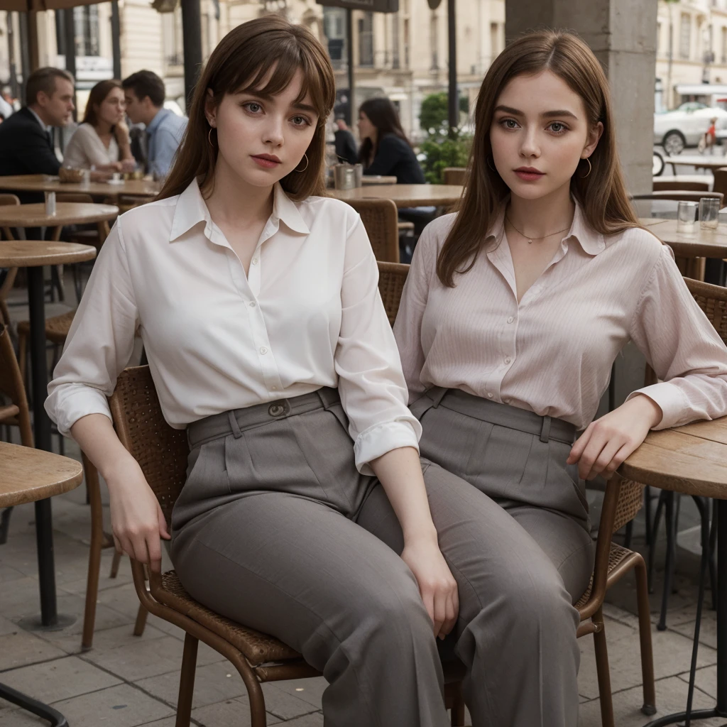 Sophia Lillis, thick woman, long straight hair, photograph quality, eyeshadow and lipstick, blouse and slacks, sitting in a chair at an outdoor cafe in Paris