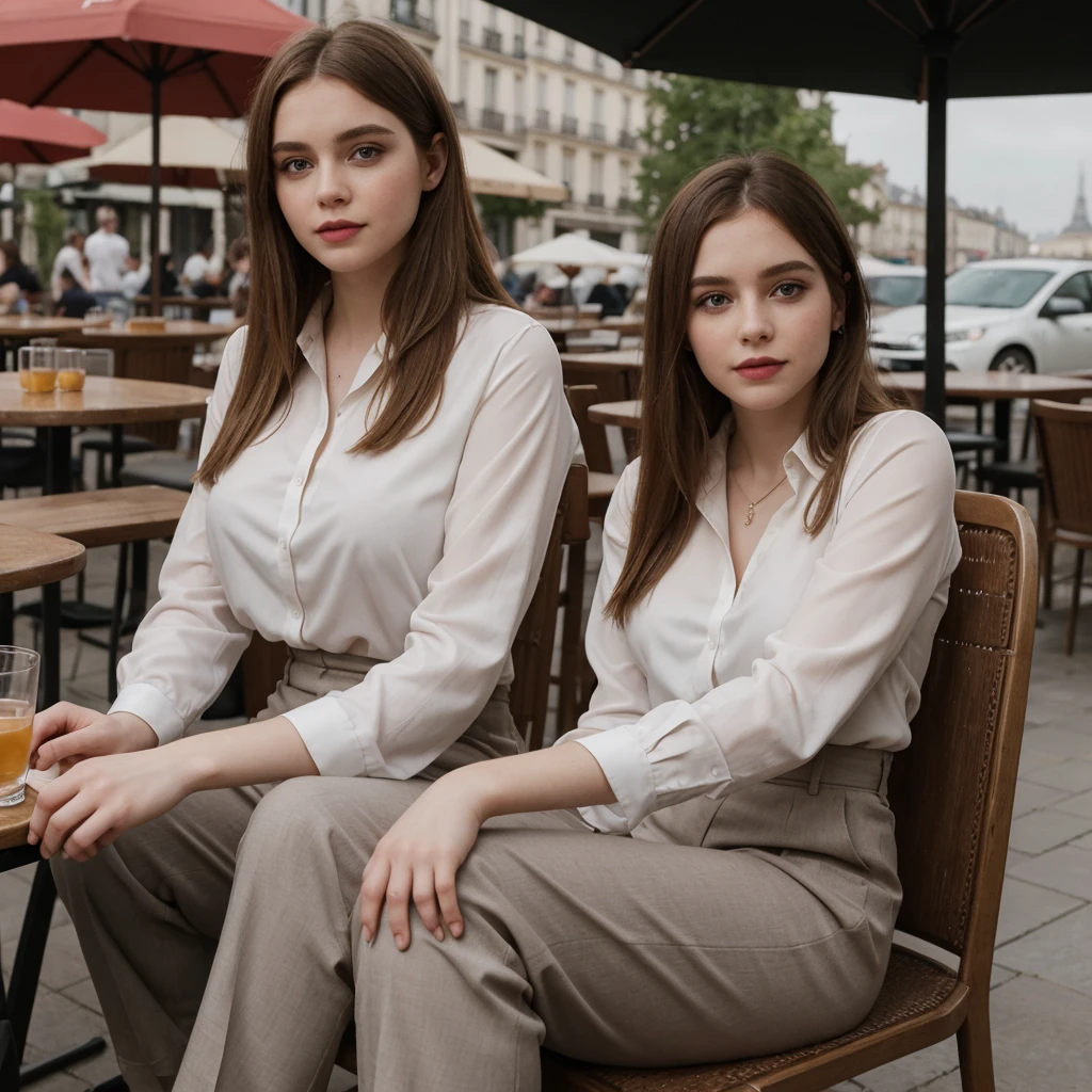 Sophia Lillis, thick woman, long straight hair, photograph quality, eyeshadow and lipstick, blouse and slacks, sitting in a chair at an outdoor cafe in Paris