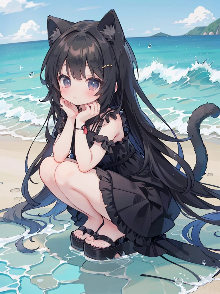 Wearing a black dress on the beach、long hair、Anime girl in black shoes, very beautiful anime cat girl, , beautiful anime cat girl, at the beach, cute anime cat girl, Beautiful anime girl squatting, At the beach, seductive anime girl, on the beach, anime cat girl, Anime cute art style, Anime girl squatting