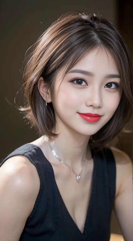 blush a little and smile, (Top quality masterpiece:1.2) Delicate illustrations, Very detailed, /Beautiful Japanese Women、1 person,Very cute and slim、Great style 、((8k images、super high quality))、Very delicate face, Skin and Hair、Big Breasts、beautifule forehead、Red lipstick、(((((short hair、Silver Hair、lure))))),Very cute Japanese cut face、Eyes and nose are clearly visible、Kind eyes,((((Black sleeveless fashion))))