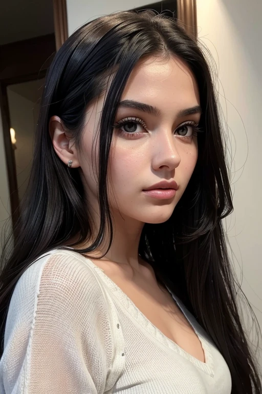 ((Best quality)), ((masterpiece)), (detailed), ((perfect face)), perfect proportions, She is a beautiful girl, She is 20, she has long black hair, She has wavy hair, she's voluptuous, She has large breasts, she's sensual, she has gothic makeup, she has red lips, she wears black gothic clothes and tight pants, she poses sensually, She wears gothic clothes, she is the bedroom ((perfect face))