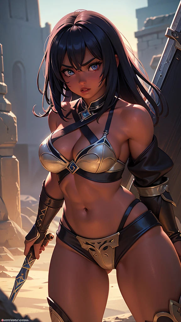1girl, short tan skin female barbarian with lancer, muscular body, detailed eyes, detailed face, beautiful detailed lips, longeyelashes, epic fantasy rpg, highly detailed, 8k, masterpiece, vibrant colors, dramatic lighting, cinematic