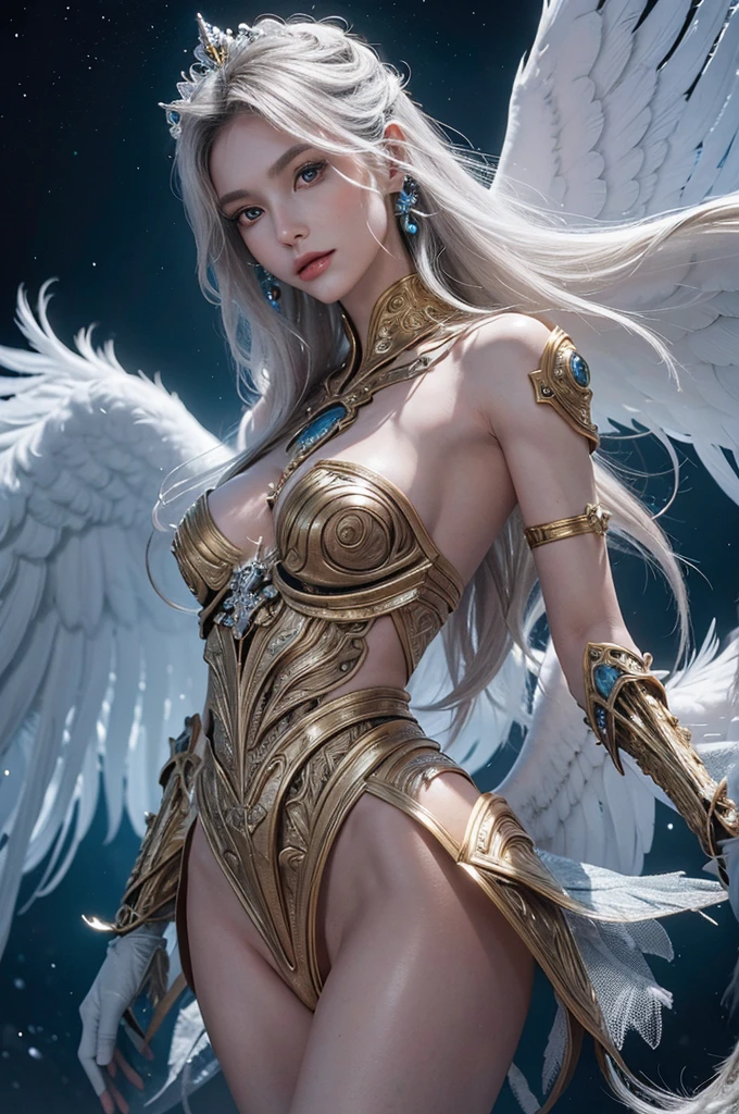 white and gold, d3qck art style, In an ethereal realm where medieval darkness meets futuristic technology, stands a fascinating angelic figure. Her appearance is a perfect blend of ancient mystique and Modern sophistication. With the face and style of a contemporary supermodel, a cold and distant beauty, lacking in warm emotions but surprisingly captivating. His wings, an intricate weave of feathers and metallic fibers, shimmer with an Radiance from another world, symbolizing a fusion of organic divinity and advanced technology. His eyes, shining with an unnatural light, suggest her ability to foresee the future and her formidable combat skills. this angel, although apparently inaccessible, has an appeal that is both intimidating and fascinating. Ella se encuentra en un desolate landscape pero impresionante, (perfect anatomy:2), break the ethereal realm, medieval darkness, futuristic technology, fascinating angelic figure, ancient mystique, Modern sophistication, contemporary supermodel face, cold and independent beauty, porcelain-like print, metallic feather wings, Radiance from another world, organic divinity, advanced technology, unnatural bright eyes, future forecast, formidable combat skills, inaccessible charm, desolate landscape, transcendent nature, extremely delicate and beautiful, Perfect eyes, Beautiful intricately detailed speckled eyes., Intricately detailed skin, (luminous rays:1.2), empress, Average height, Delgado, triangular face, White skin, by rubio, green eyes, long nose, thick lips, Prominent chin, wide, thick hair, Tousled waves, small breasts, Huggie Earrings, glossy transparent lipstick(science fiction setting, cyber angel, biomedical design, ethereal feathers, cybernetic structures, biomedical cables,