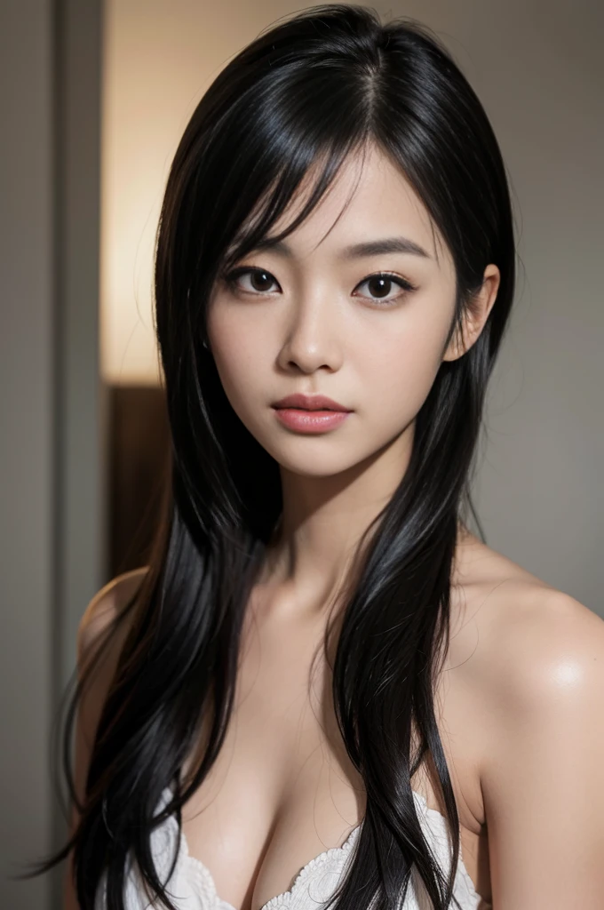 Create a realistic image of a beautiful Japanese woman. On the left side, show your face from a frontal angle, with details in facial expressions, smooth and shiny hair, and smooth skin. In the right side, include a profile that highlights your characteristics, such as the contour of the face and hair. The background should be neutral to focus on the beauty and details of your appearance.